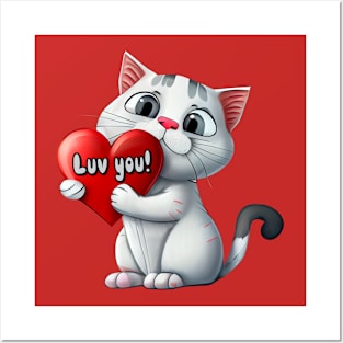 Cat with Luv you! Heart - funny illustration for cat lovers Posters and Art